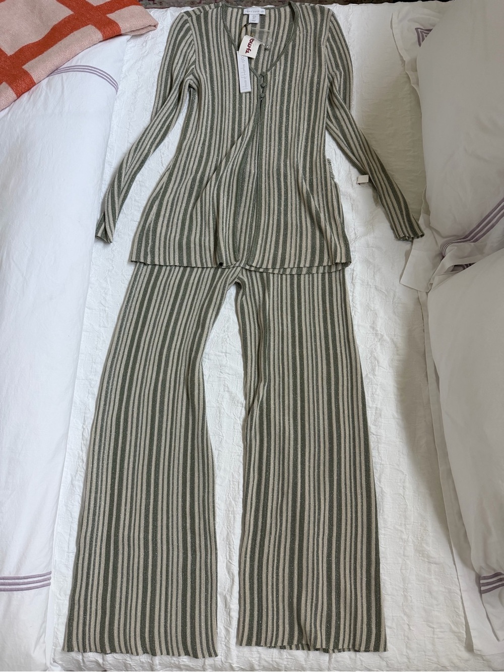 House of Harlow Olive & Cream Striped  Knit Wide-Leg Pants